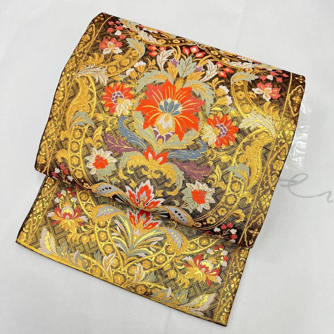 正絹　6通袋帯　裏面全通　宝飾唐華文様　佐賀錦