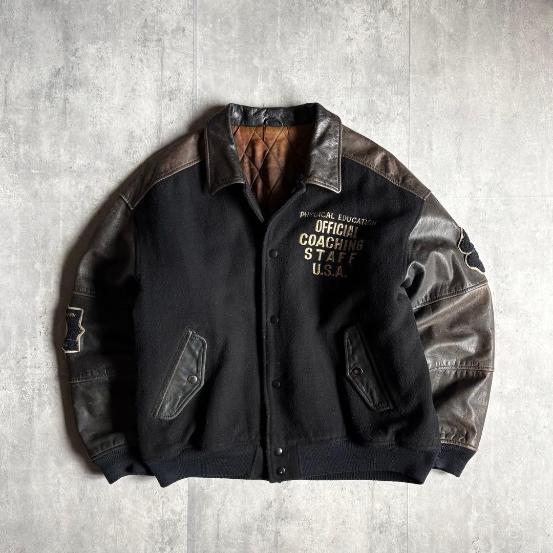【80s vintage】レザースタジャン　本革　ブラック　フェード　短丈