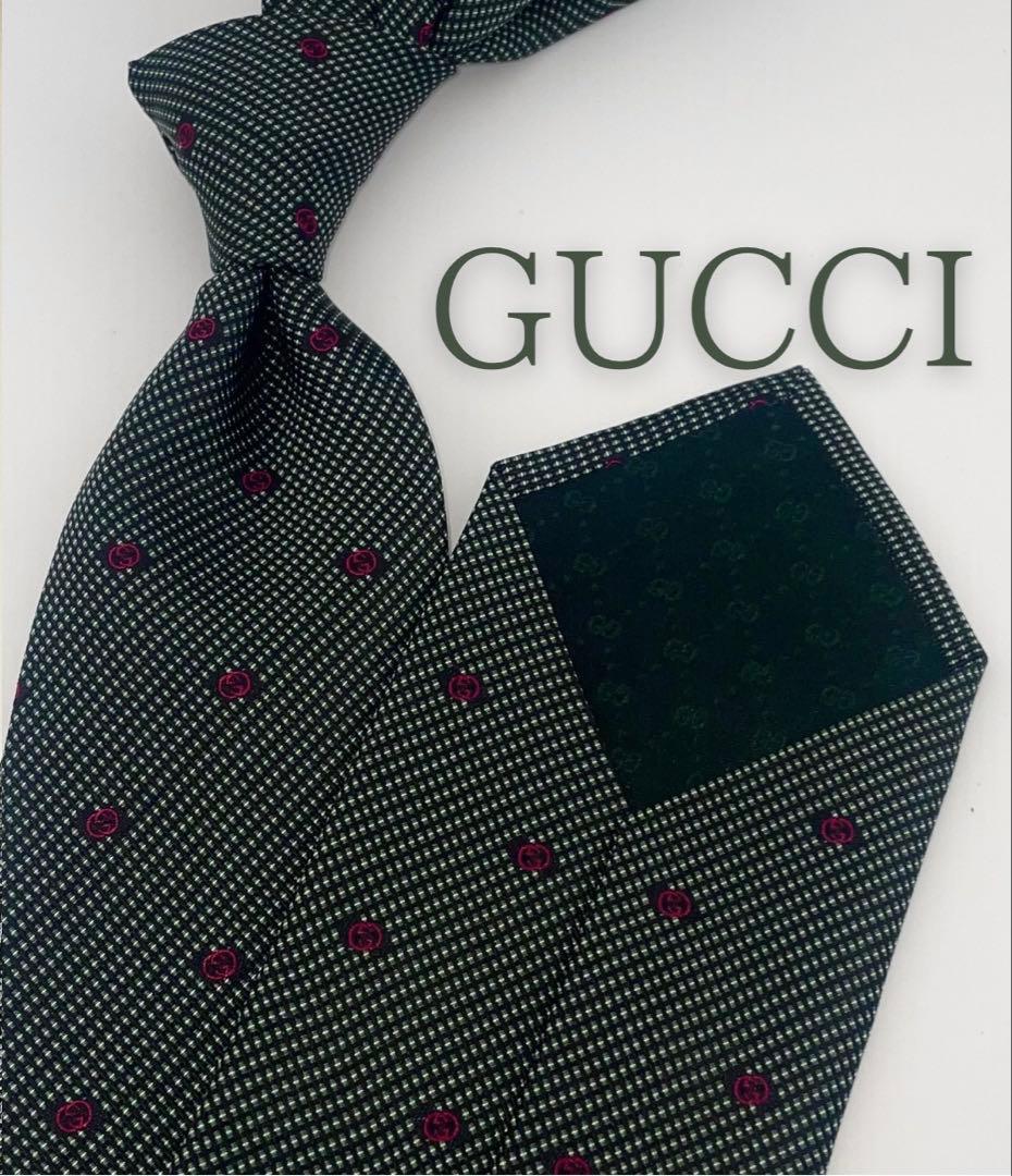 新品 グッチ ネクタイ ハイブランド GG 総柄 ダークグリーン マット 激レア