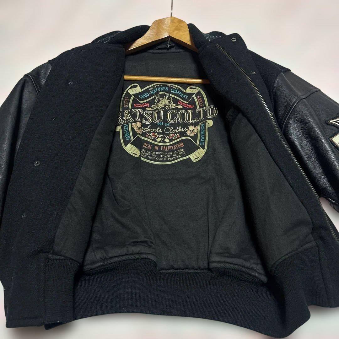 80's 90's BATSU スタジャン　袖レザー　刺繍ワッペン　ジップアップ