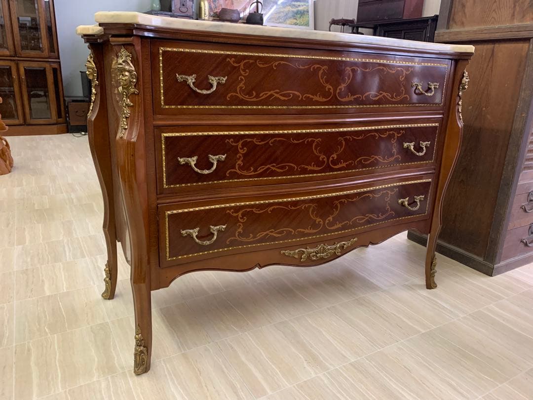 【アンティーク】フレンチスタイル 木製チェスト 3引き出し 大理石天板