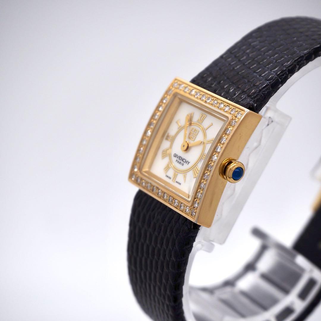 専用384 稼動【美品】GIVENCHY 時計　スクエア　ダイヤベゼル　ゴールド