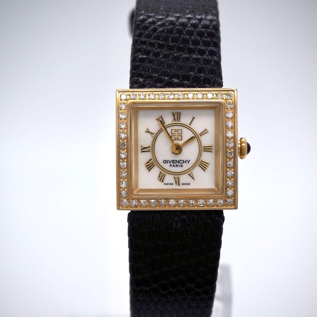 専用384 稼動【美品】GIVENCHY 時計　スクエア　ダイヤベゼル　ゴールド