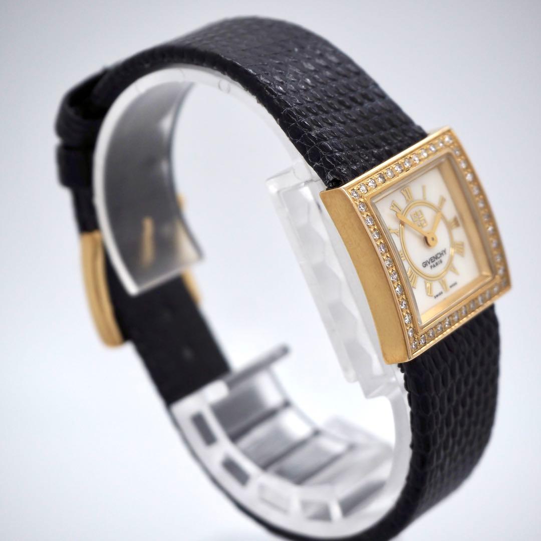 専用384 稼動【美品】GIVENCHY 時計　スクエア　ダイヤベゼル　ゴールド