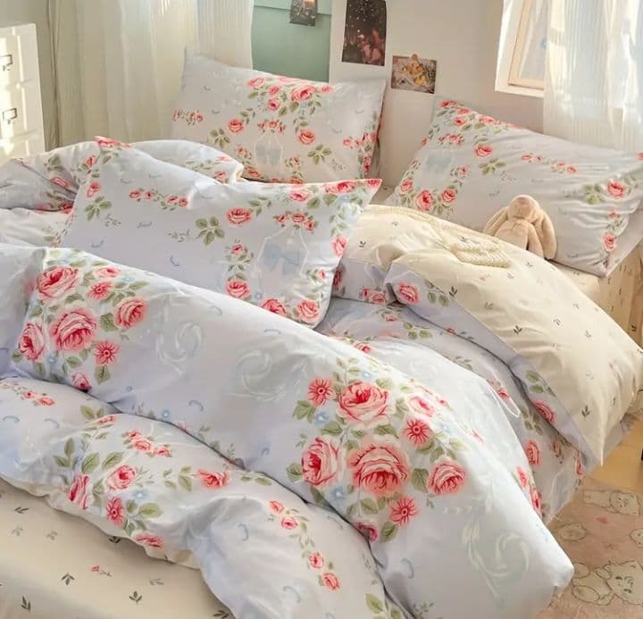 新品★薔薇リースとリボン綿100%シングル掛け布団カバー枕カバー２枚シーツの4点