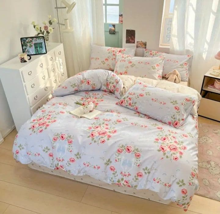 新品★薔薇リースとリボン綿100%シングル掛け布団カバー枕カバー２枚シーツの4点