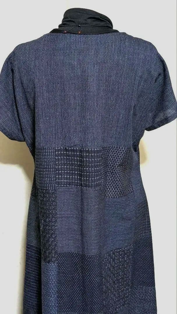 書生紬　藍染古布の着物リメイクロングワンピース　B 12