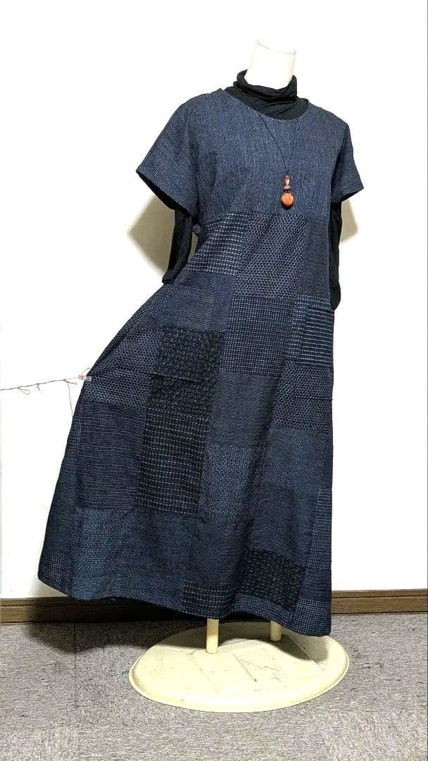 書生紬　藍染古布の着物リメイクロングワンピース　B 12