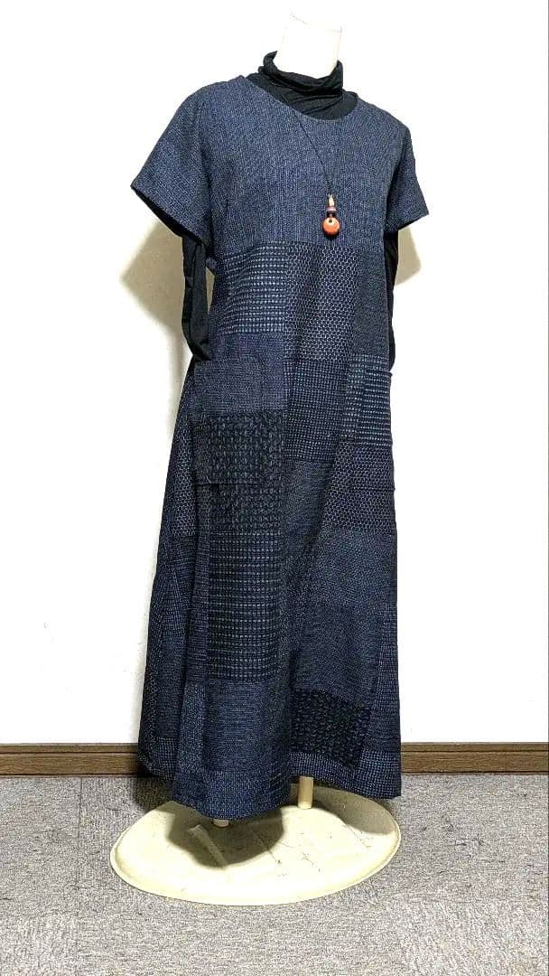 書生紬　藍染古布の着物リメイクロングワンピース　B 12