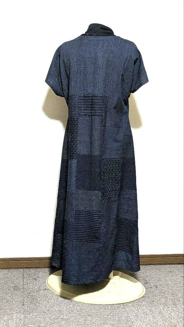 書生紬　藍染古布の着物リメイクロングワンピース　B 12