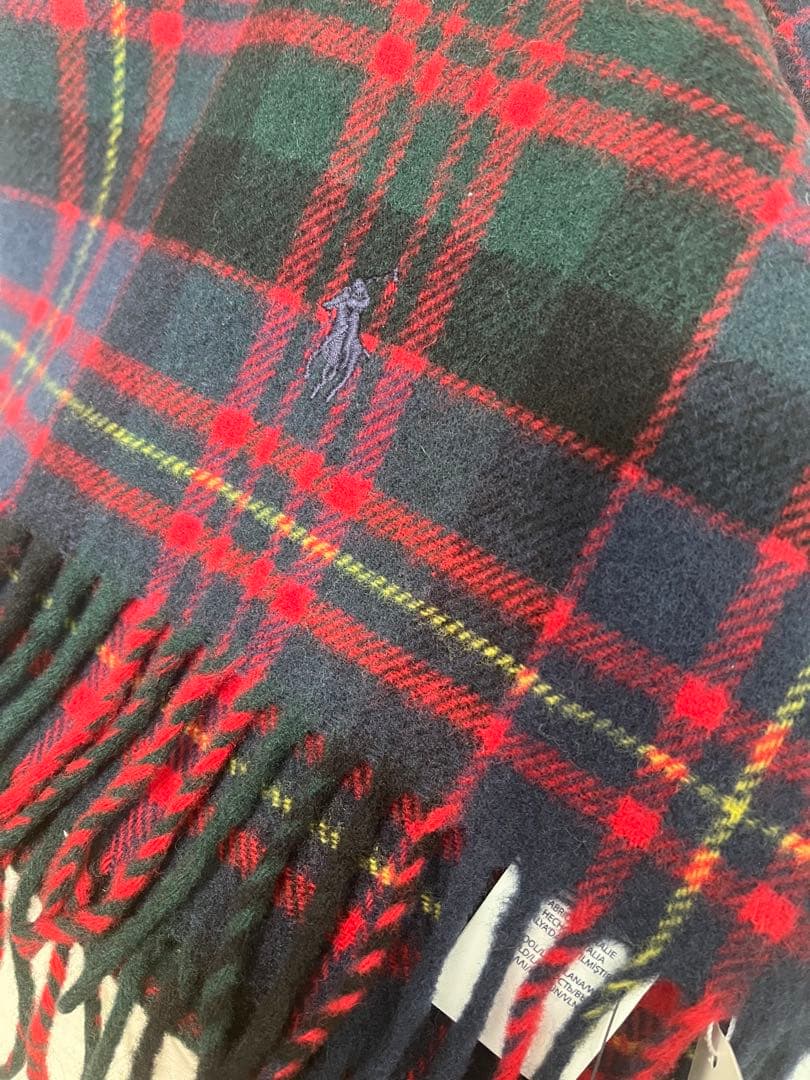 新品タグ付　ポロラルフローン　チェック　ホース刺繍マフラー イタリア製　男女兼用