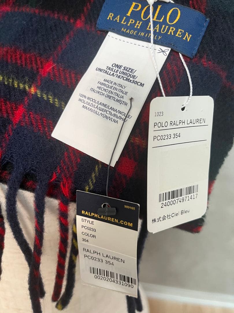 新品タグ付　ポロラルフローン　チェック　ホース刺繍マフラー イタリア製　男女兼用