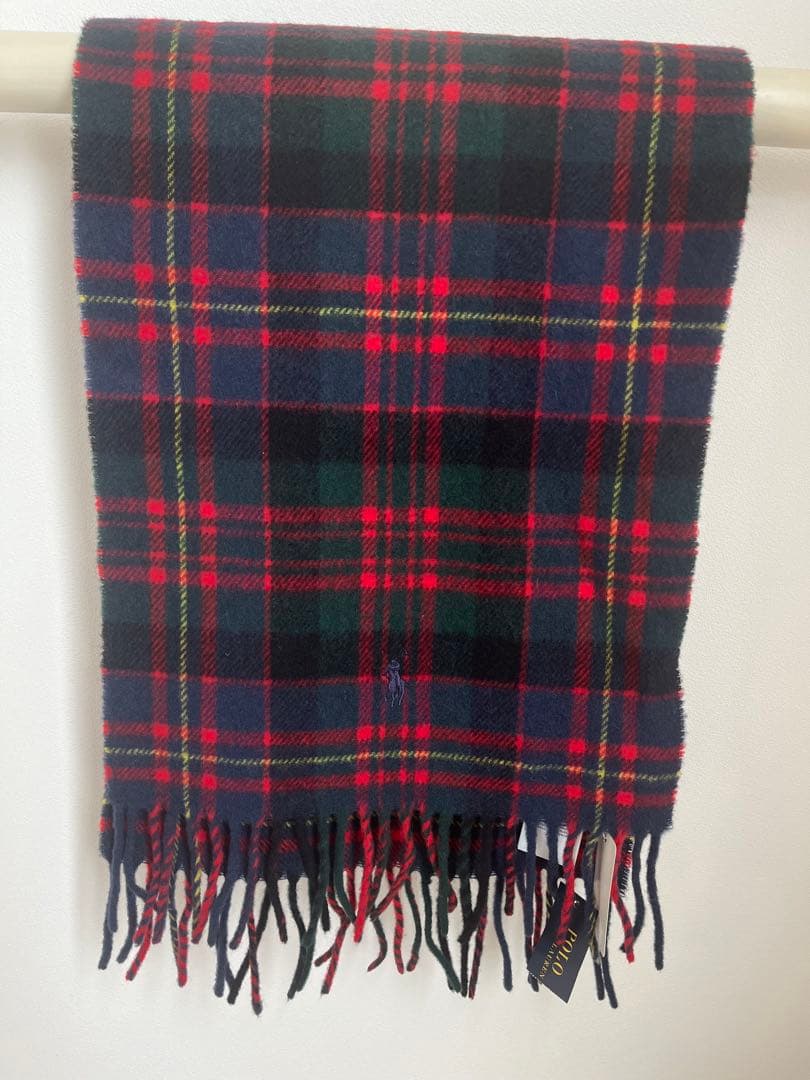 新品タグ付　ポロラルフローン　チェック　ホース刺繍マフラー イタリア製　男女兼用