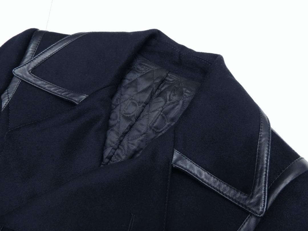 ドルチェ＆ガッバーナ ラムレザー羊革トリム 装飾 カシミヤ混 ウール Pコート黒