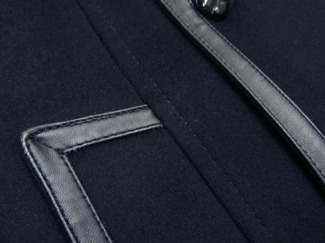 ドルチェ＆ガッバーナ ラムレザー羊革トリム 装飾 カシミヤ混 ウール Pコート黒