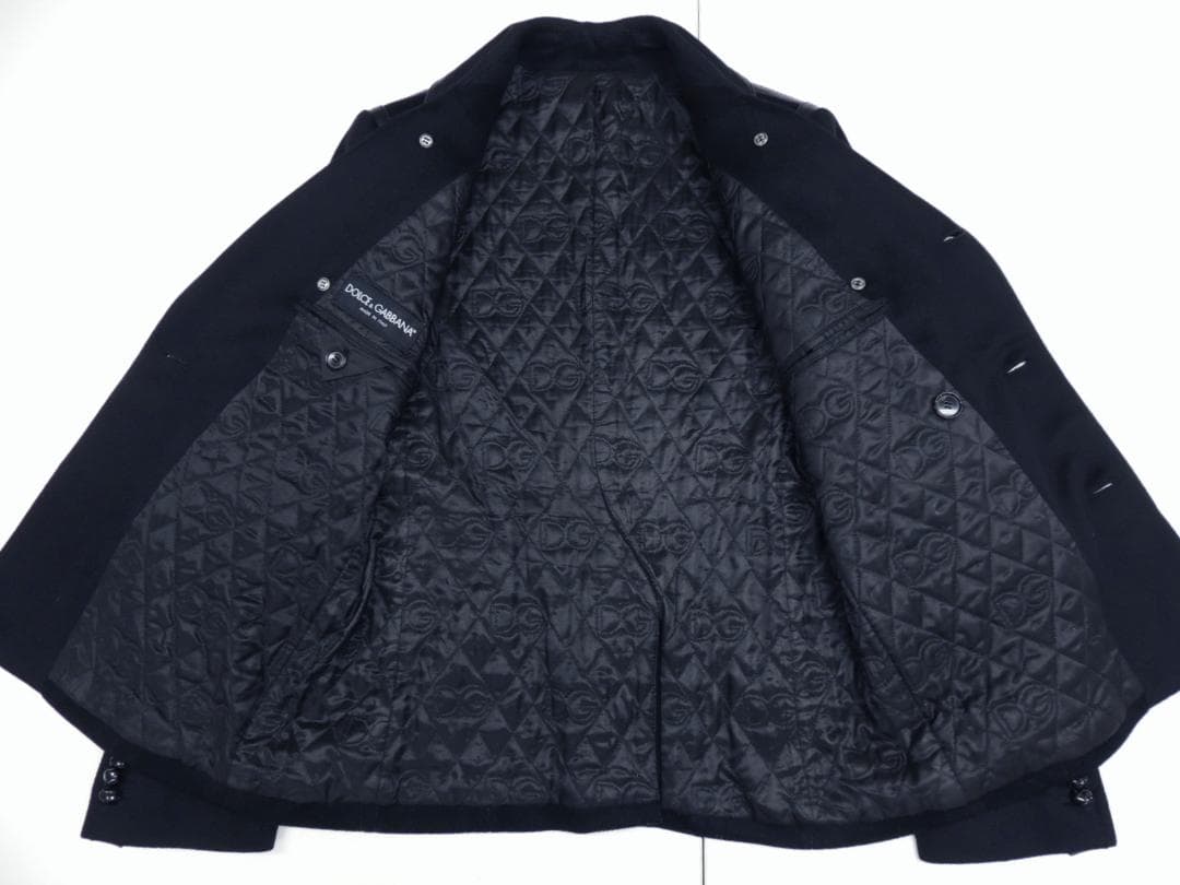 ドルチェ＆ガッバーナ ラムレザー羊革トリム 装飾 カシミヤ混 ウール Pコート黒