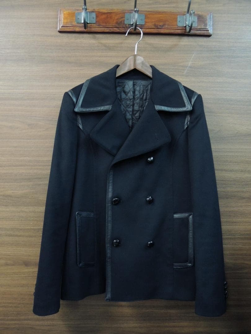 ドルチェ＆ガッバーナ ラムレザー羊革トリム 装飾 カシミヤ混 ウール Pコート黒