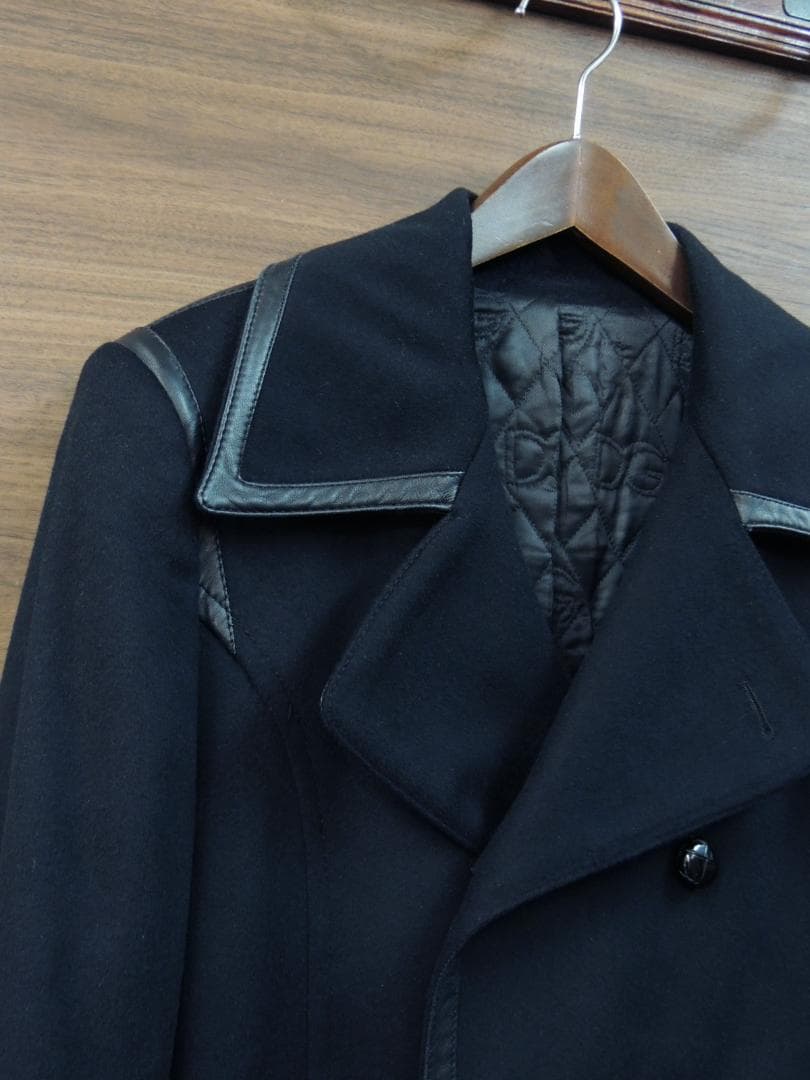 ドルチェ＆ガッバーナ ラムレザー羊革トリム 装飾 カシミヤ混 ウール Pコート黒