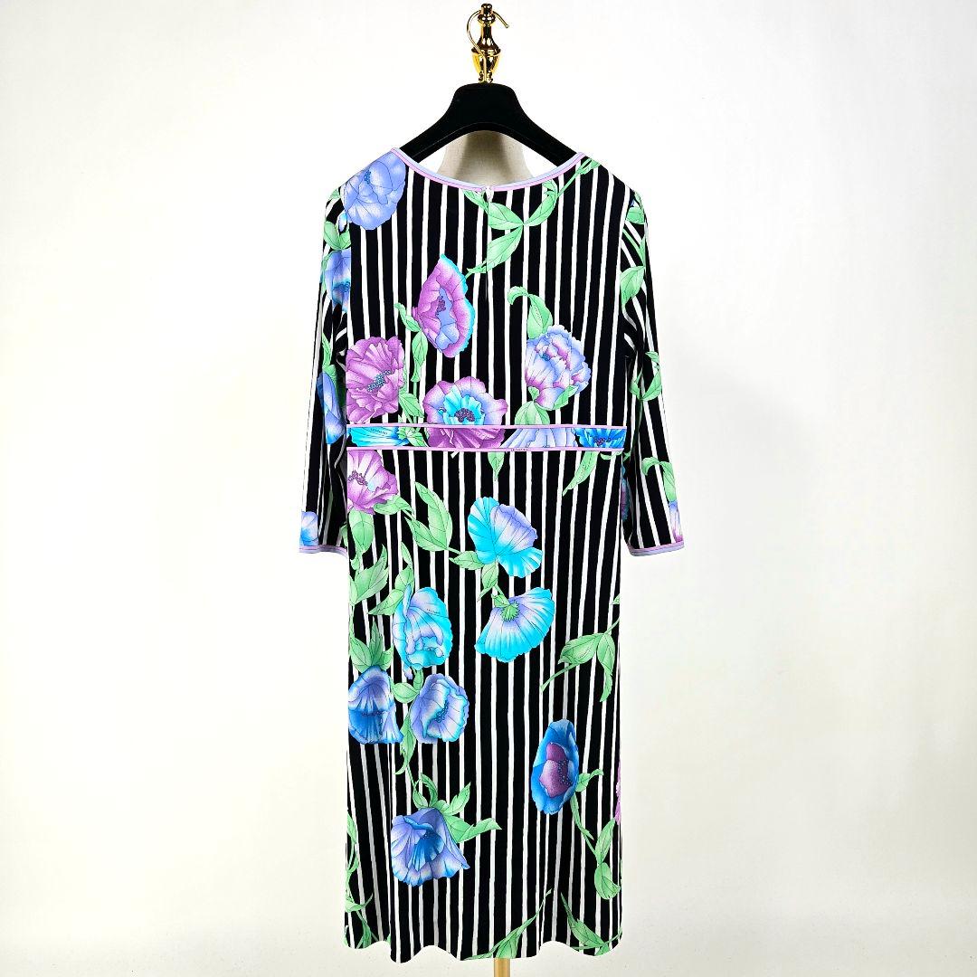 【極美品】LEONARD ストライプ フラワー柄 ワンピース 42　カンカン