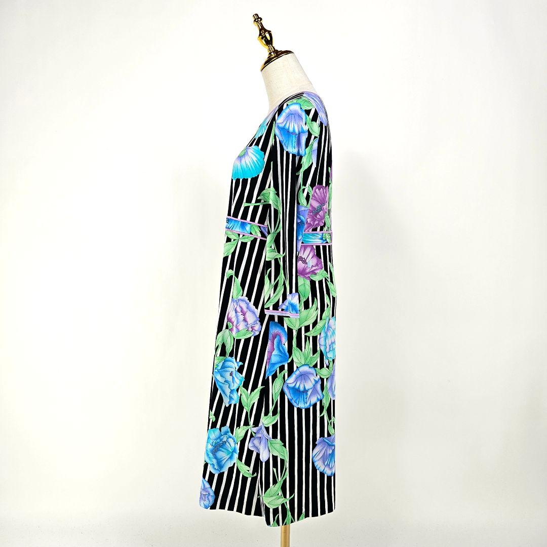 【極美品】LEONARD ストライプ フラワー柄 ワンピース 42　カンカン