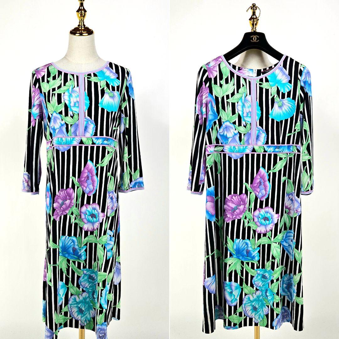 【極美品】LEONARD ストライプ フラワー柄 ワンピース 42　カンカン