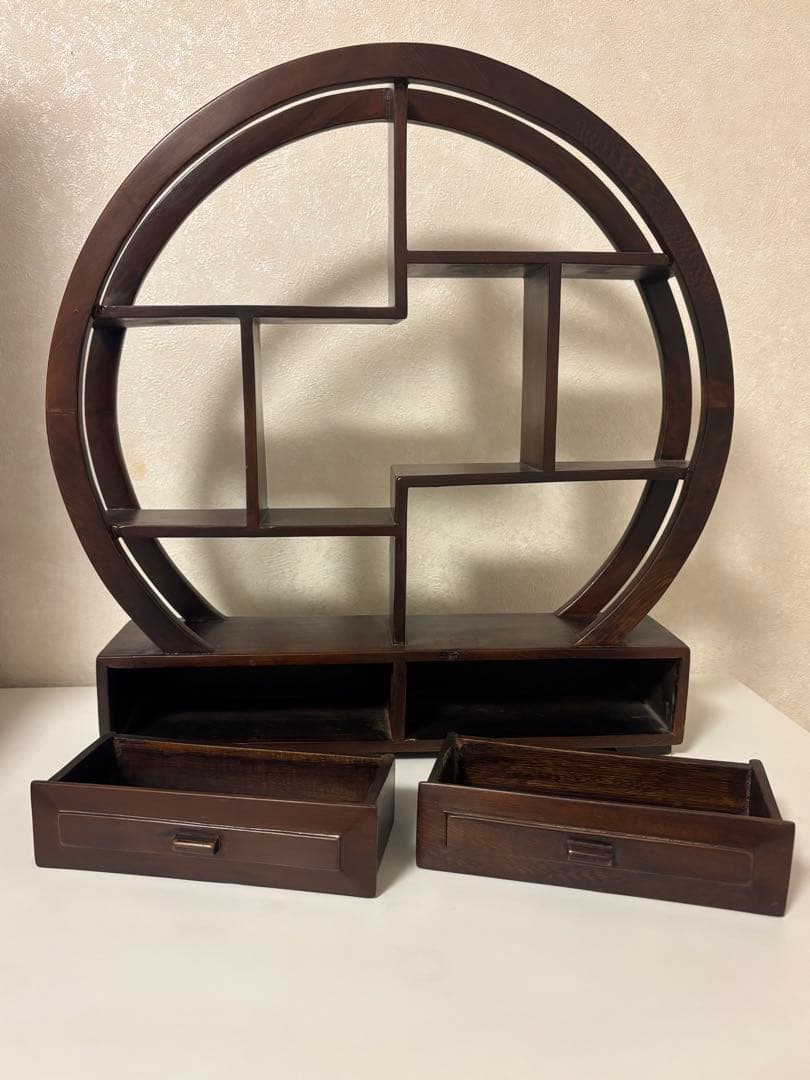 【中国茶器飾り棚】円形木製棚 引き出し付き アジアン家具