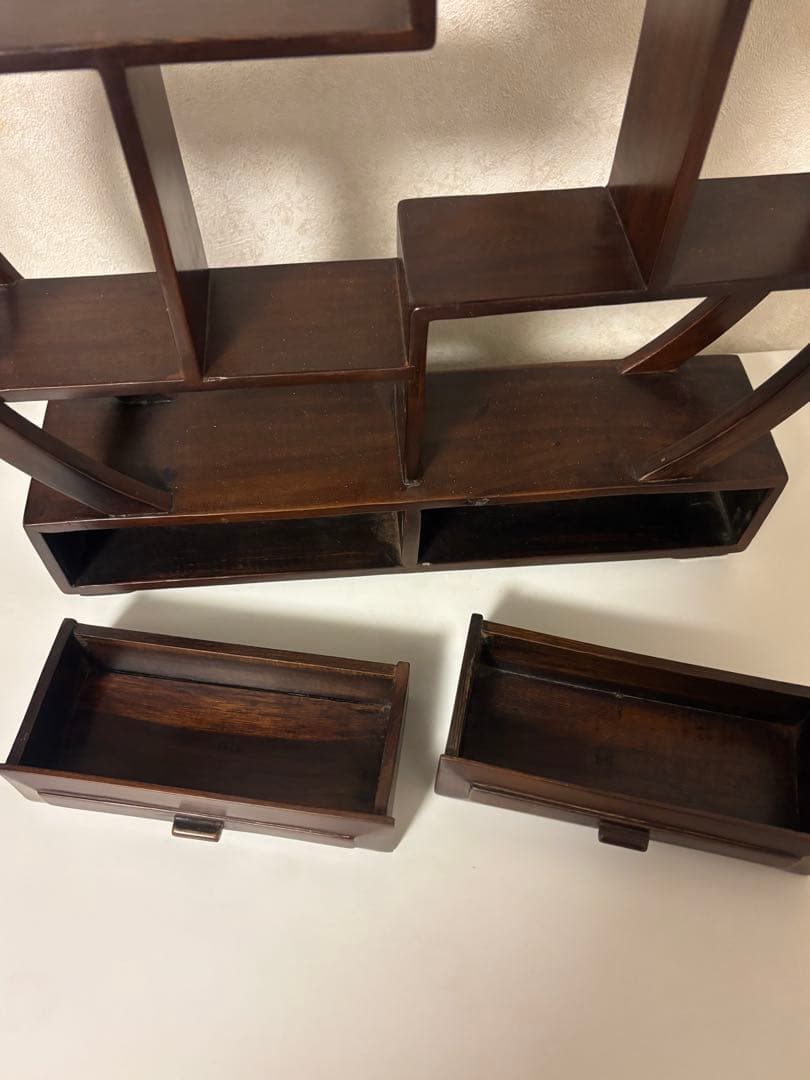 【中国茶器飾り棚】円形木製棚 引き出し付き アジアン家具