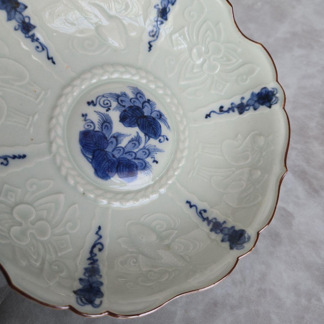 古伊万里　染付　陽刻　深皿　膾皿　唐人　韃靼人　江戸　アンティーク　金継ぎ　金直