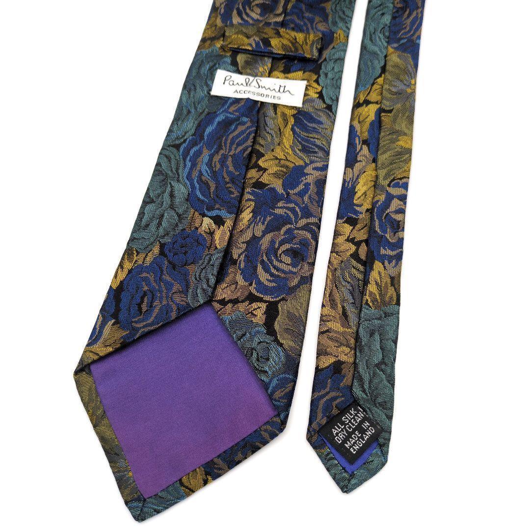 【美品】ポールスミス ネクタイ ブルー ゴールド 花柄 光沢 高級【イギリス製】