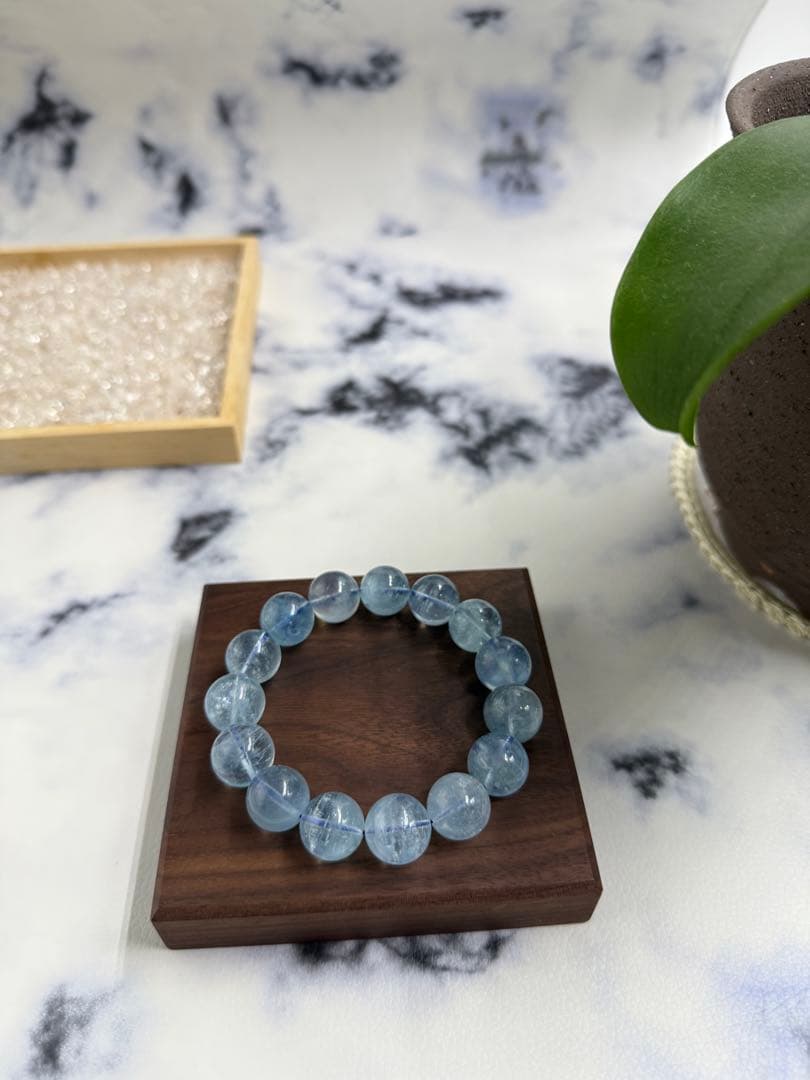 天然石 青色 アクアマリンブレスレット 珠14-15mm 腕周り17.5cm