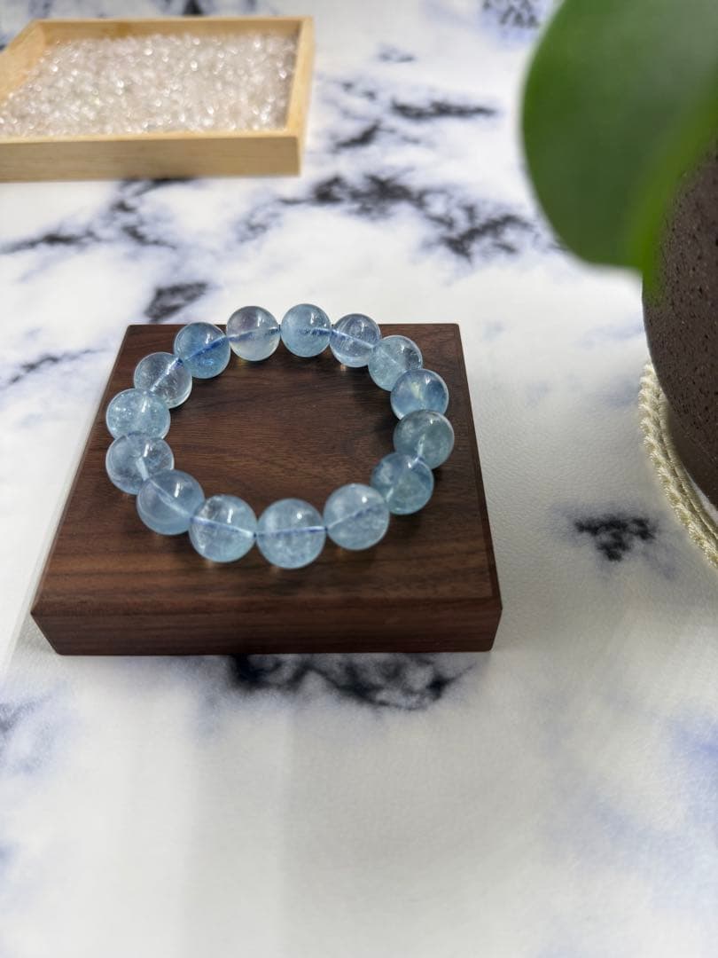 天然石 青色 アクアマリンブレスレット 珠14-15mm 腕周り17.5cm