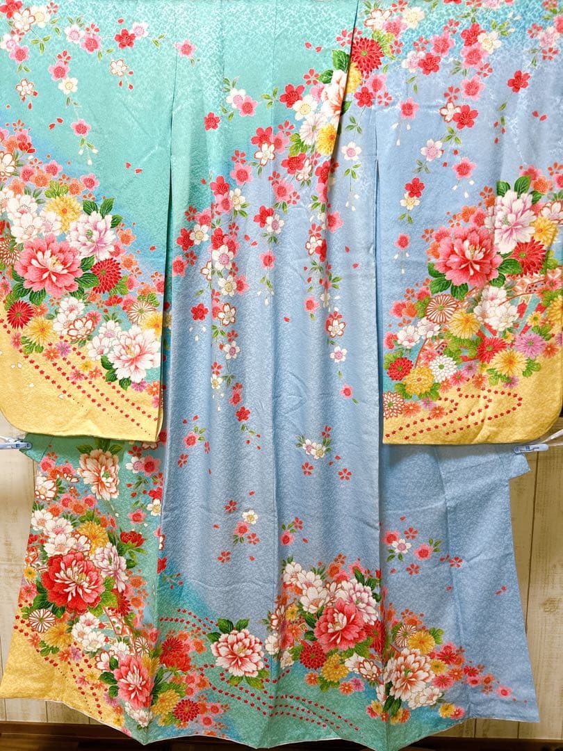 豪華正絹フルセット♡七五三　7歳　女の子　水色　エメラルドグリーン　髪飾り付