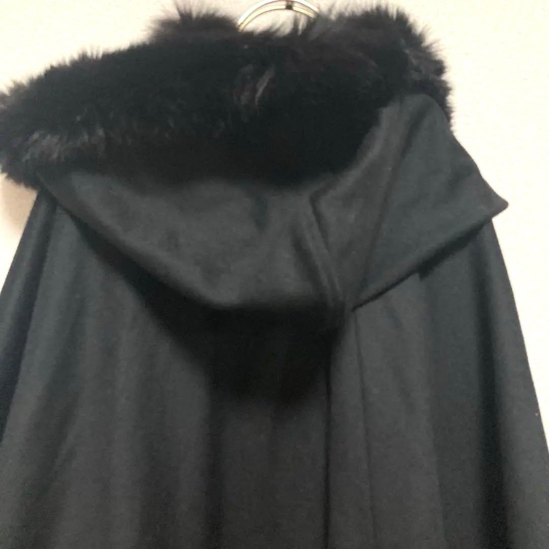 美品☆カシミヤフード付きマント ファー付きケープコート　ポンチョ エレガント