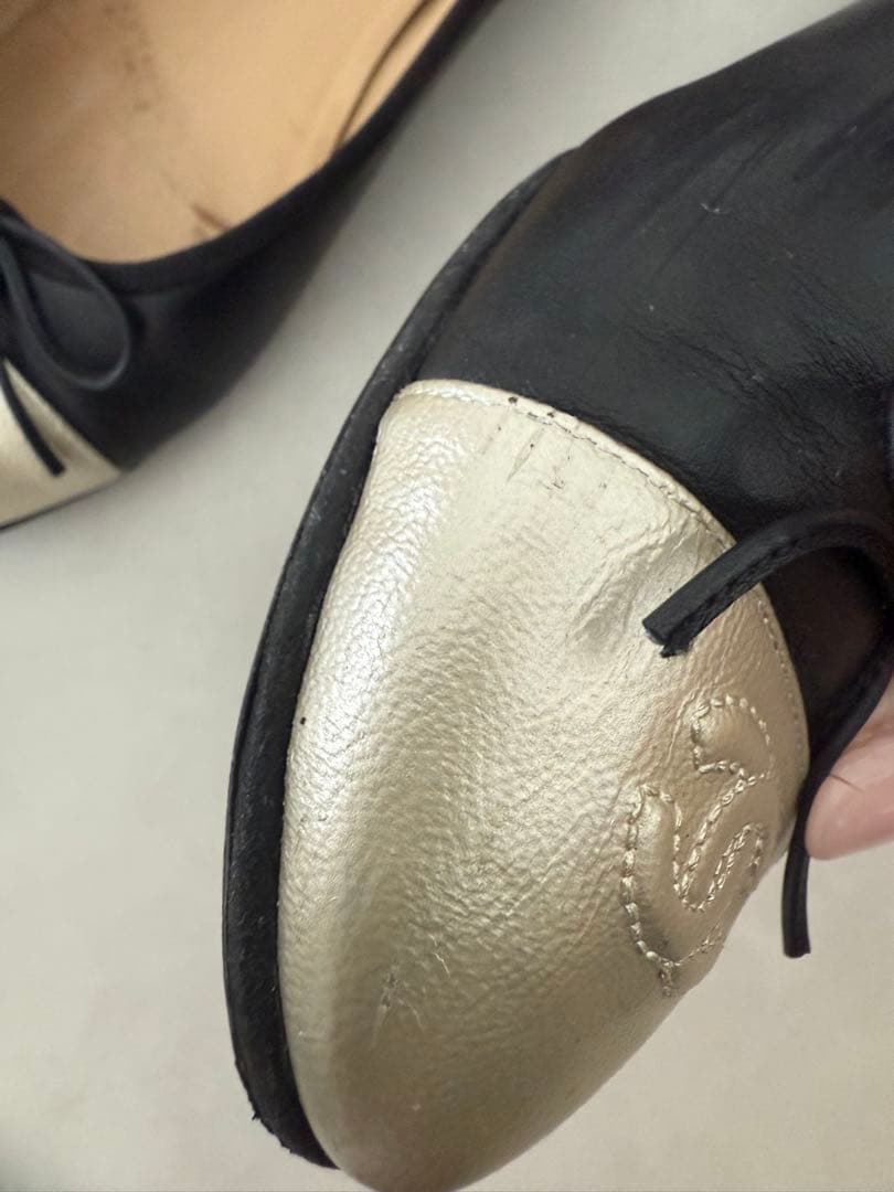 CHANEL シャネル　バレリーナ　シルバーゴールド×ブラック　コンビ　38