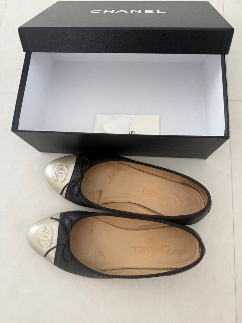 CHANEL シャネル　バレリーナ　シルバーゴールド×ブラック　コンビ　38