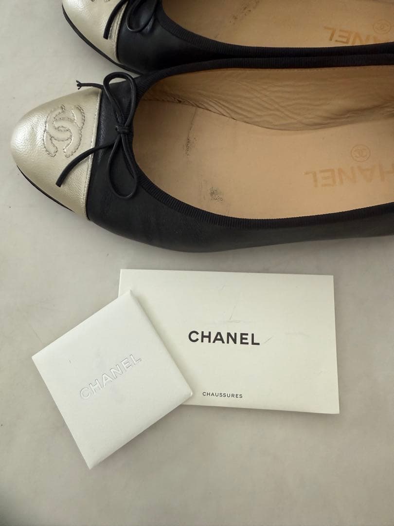CHANEL シャネル　バレリーナ　シルバーゴールド×ブラック　コンビ　38