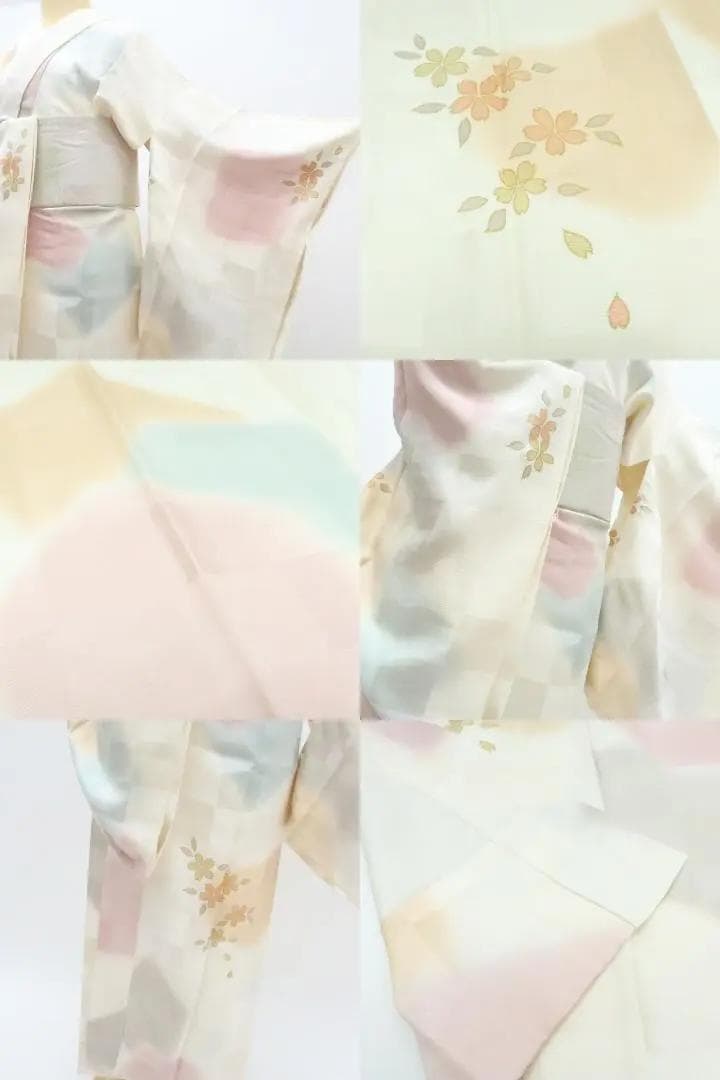 Y2401◇新品 袷 正絹 半襟・仕付け糸付 手縫い 桜 市松 長襦袢 着物