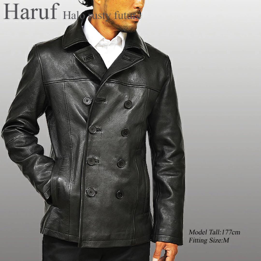 本物 新品 本革 ピーコート レザージャケット 革ジャン メンズ ブラック