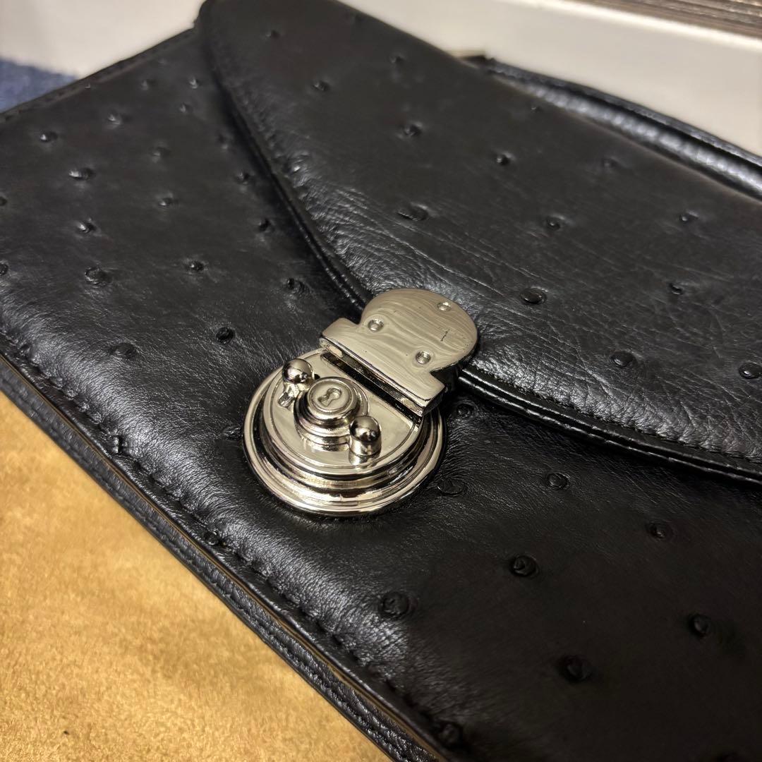 オーストリッチ セカンドバッグ ハンドバッグ ブラック シルバー金具