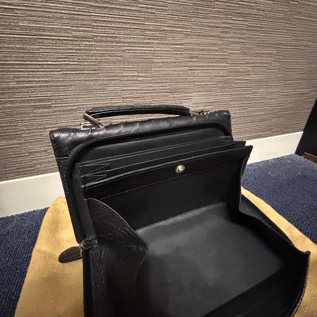 オーストリッチ セカンドバッグ ハンドバッグ ブラック シルバー金具