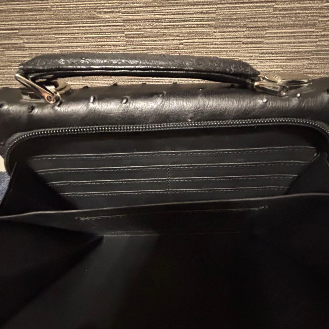 オーストリッチ セカンドバッグ ハンドバッグ ブラック シルバー金具