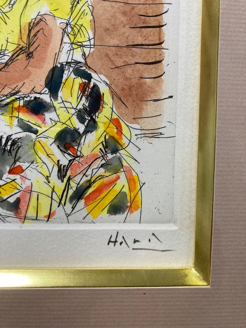 銅版画に手彩色【巨匠　原精一 】 女性像 「美術年鑑」掲載作家 布タトウ箱•黄袋