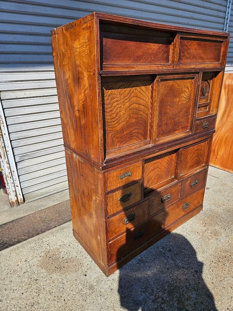 日本のアンティーク 美しい杢目の茶箪笥 無垢材 欅 茶棚 和家具 木製 古民家