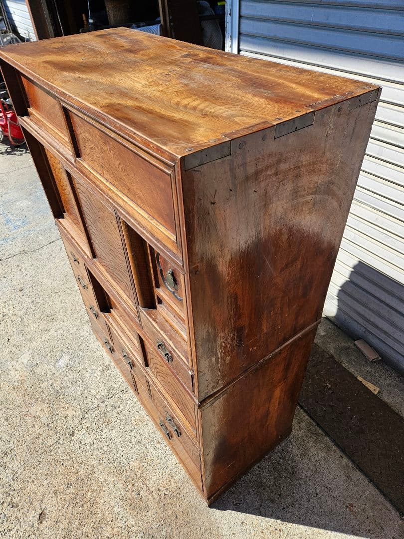 日本のアンティーク 美しい杢目の茶箪笥 無垢材 欅 茶棚 和家具 木製 古民家