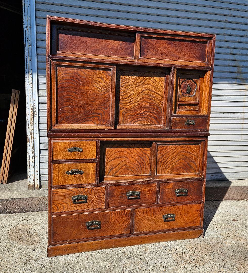 日本のアンティーク 美しい杢目の茶箪笥 無垢材 欅 茶棚 和家具 木製 古民家