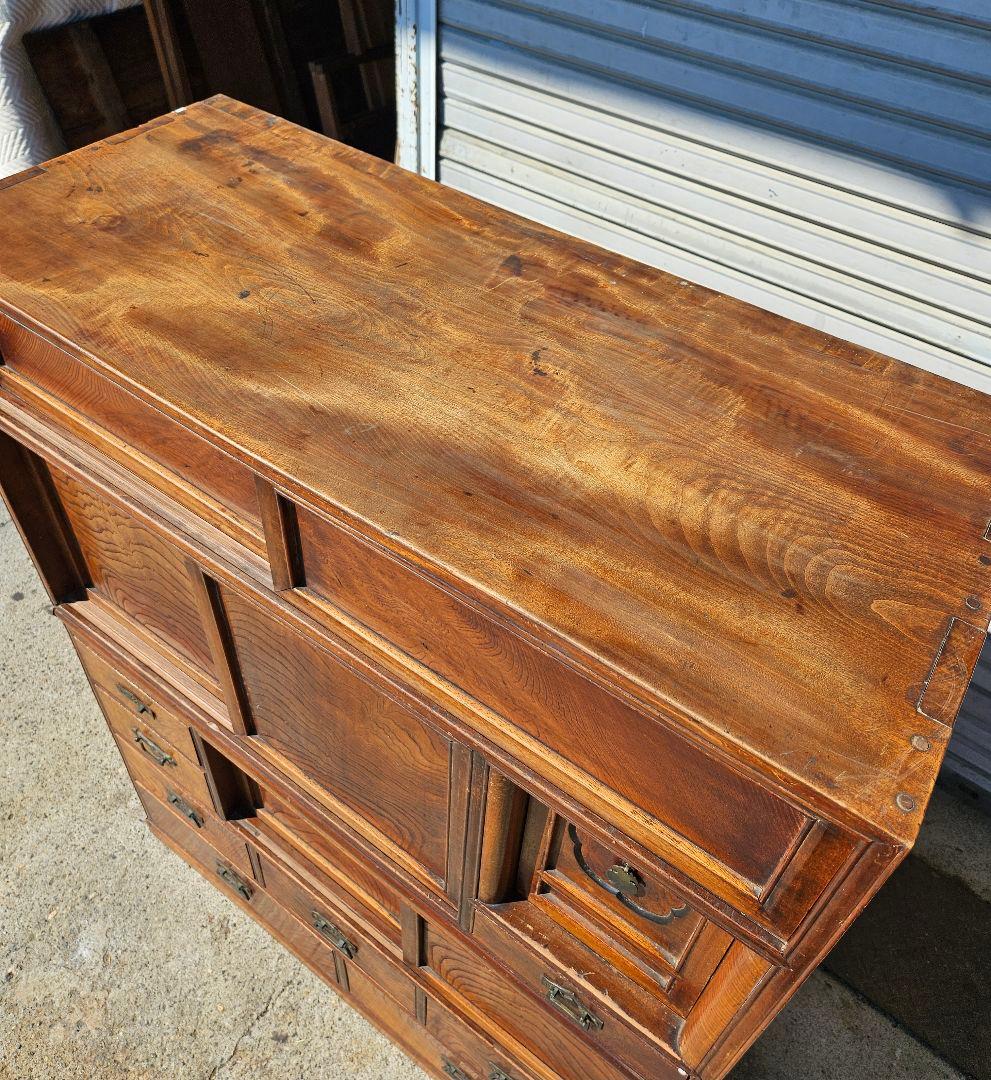 日本のアンティーク 美しい杢目の茶箪笥 無垢材 欅 茶棚 和家具 木製 古民家