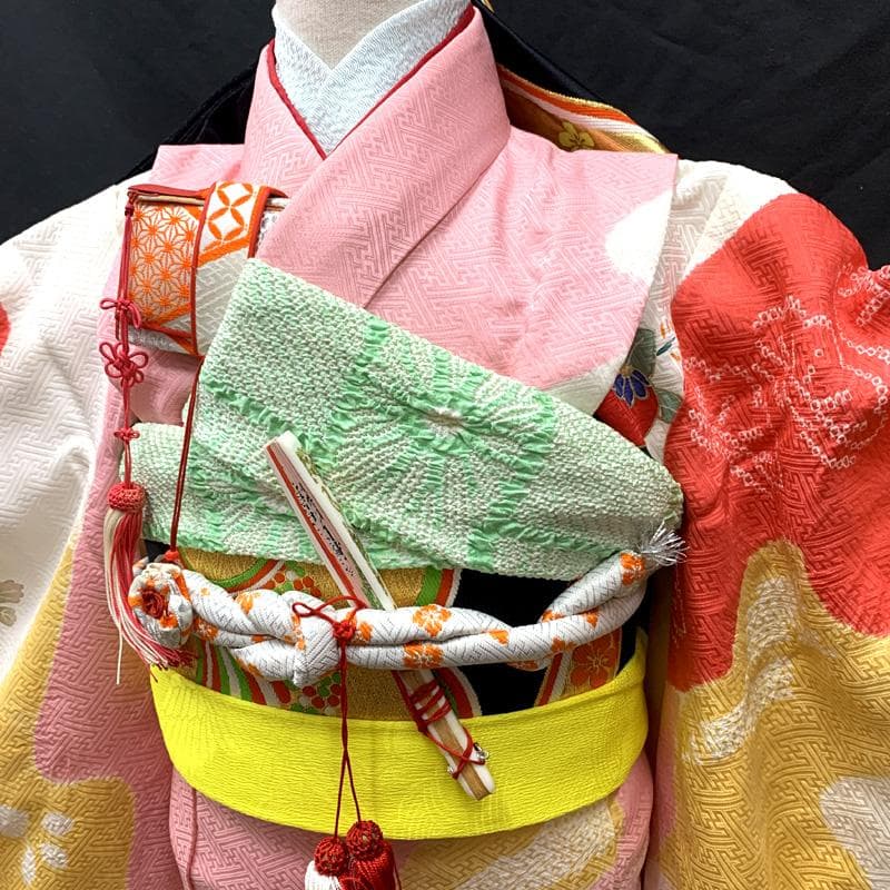 505ag61□七五三 七歳 女児 着物&袋帯 部分絞り ねじり梅□美品