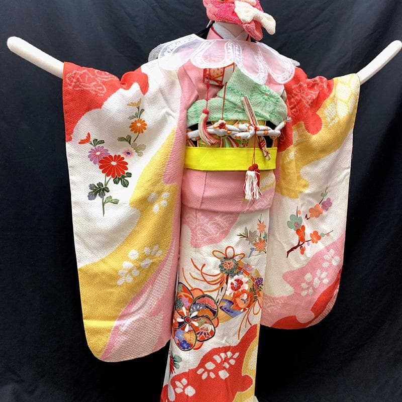 505ag61□七五三 七歳 女児 着物&袋帯 部分絞り ねじり梅□美品