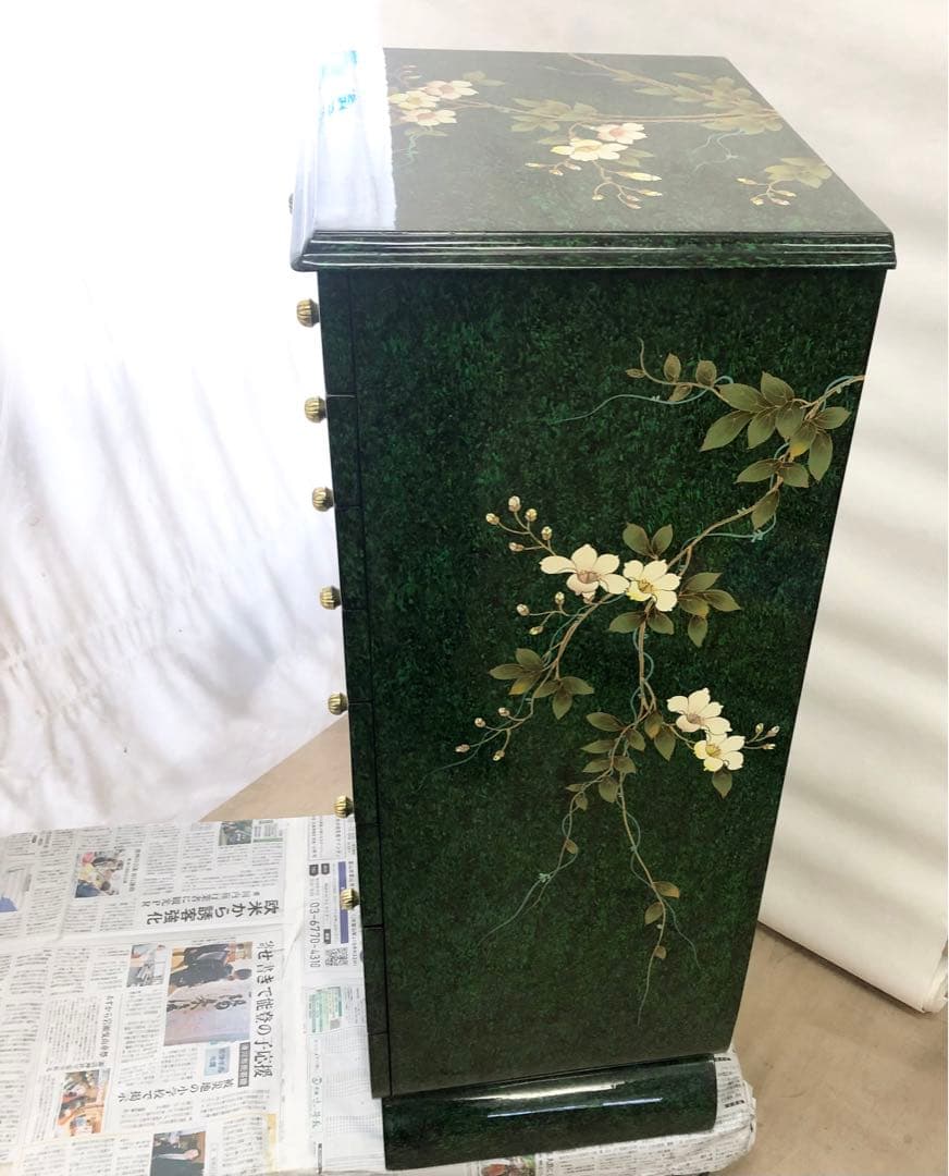 中国美術 シノワズリ様式 花模様 キャビネット 8段チェスト 李朝 緑
