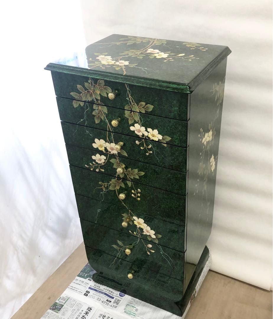 中国美術 シノワズリ様式 花模様 キャビネット 8段チェスト 李朝 緑